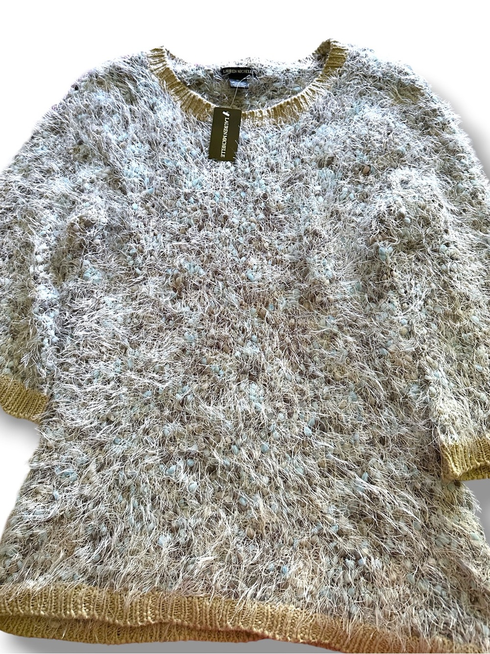 NWT Lauren Michelle SZ XL Eyelash Fuzzy Knit Sweater Beige w/ Aqua Specks Multi